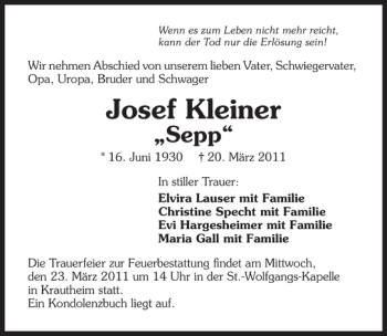 Traueranzeige von Josef Kleiner 