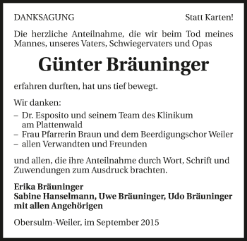 Traueranzeige von Günter Bräuninger 
