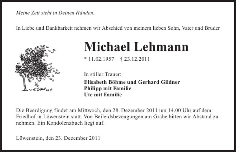  Traueranzeige für Michael Lehmann vom 27.12.2011 aus 