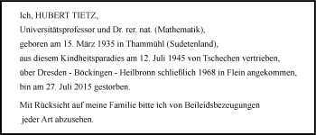 Traueranzeige von Hubert Tietz 