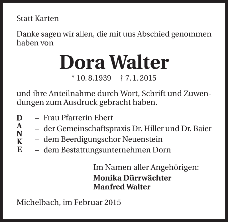  Traueranzeige für Dora Walter vom 05.02.2015 aus 