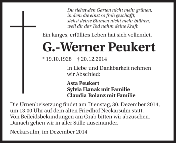 Traueranzeige von Werner Peukert 