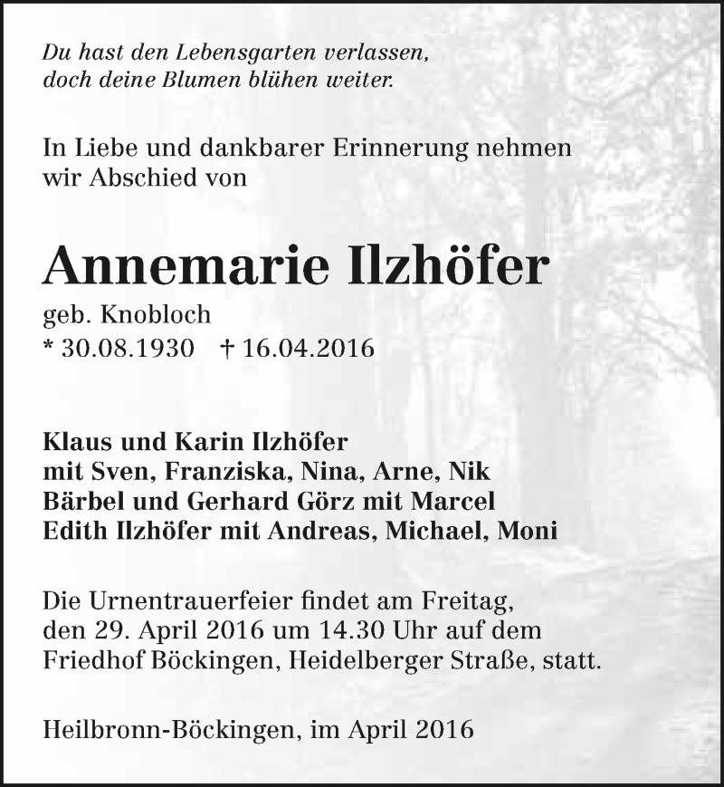  Traueranzeige für Annemarie Ilzhöfer vom 23.04.2016 aus 
