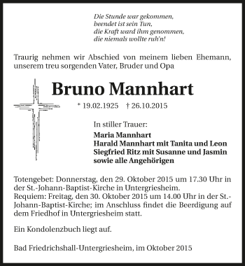 Traueranzeige von Bruno Mannhart 