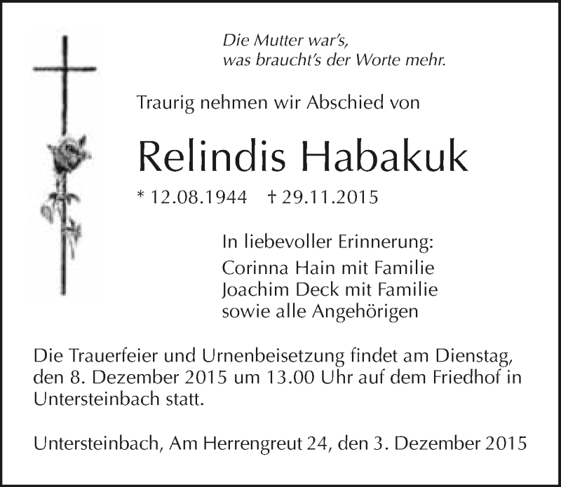  Traueranzeige für Relindis Habakuk vom 03.12.2015 aus 