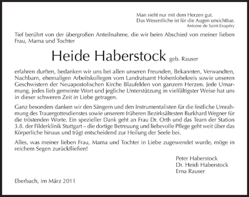  Traueranzeige für Heide geb. Rauser Haberstock vom 24.03.2011 aus 