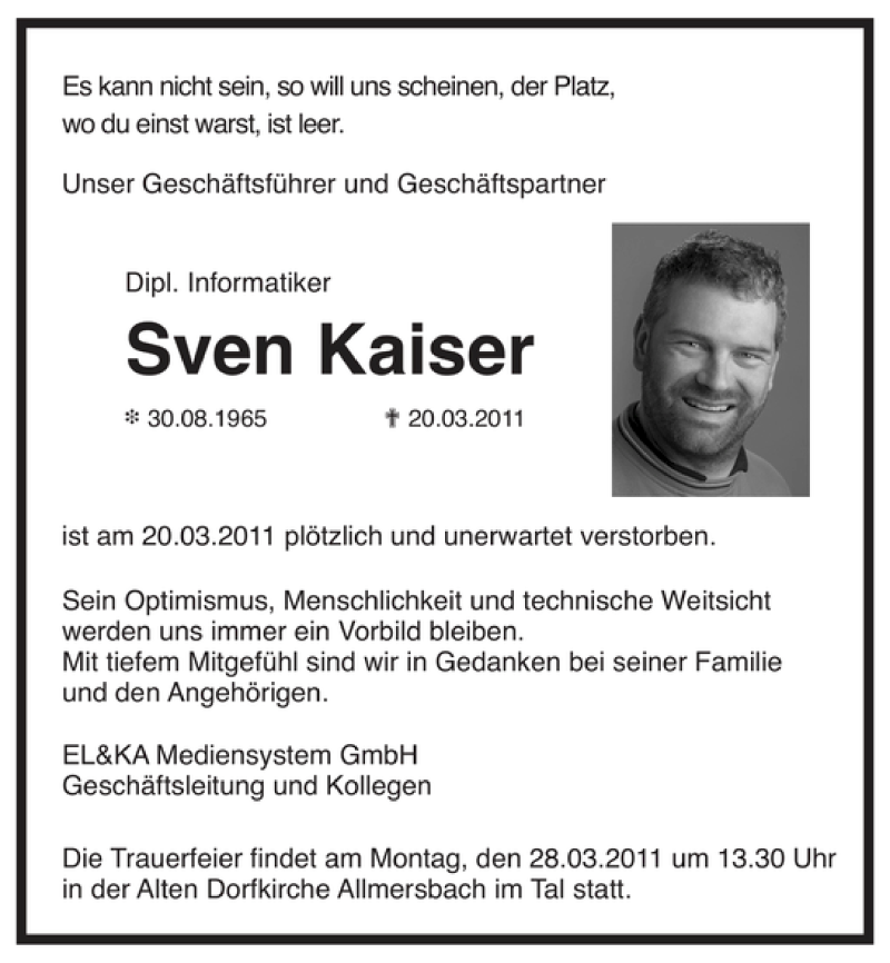  Traueranzeige für Sven Kaiser vom 25.03.2011 aus 