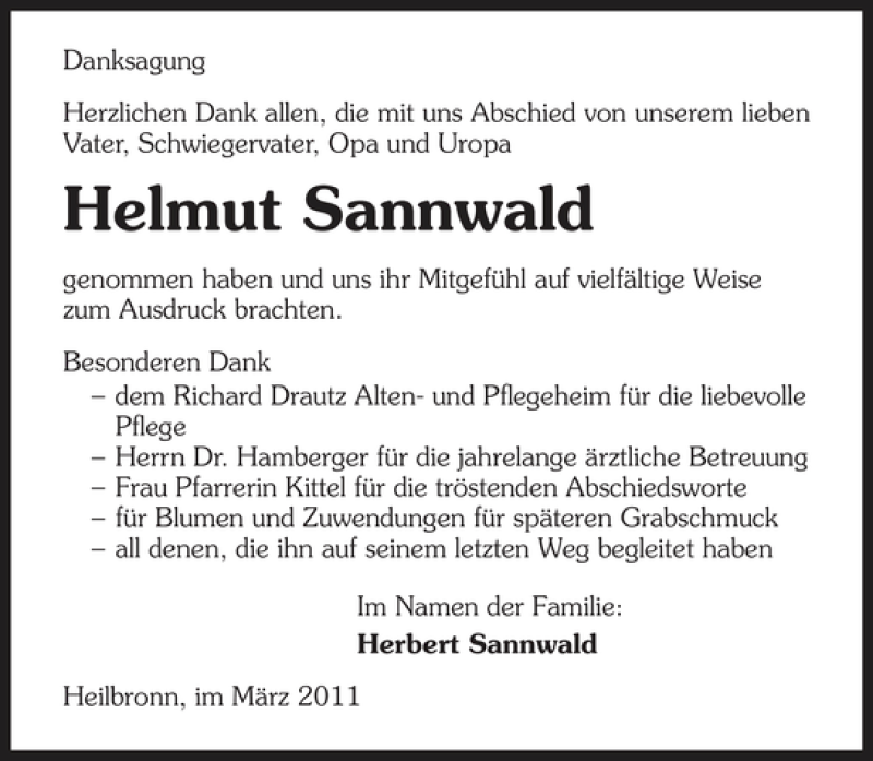  Traueranzeige für Helmut Sannwald vom 26.03.2011 aus 
