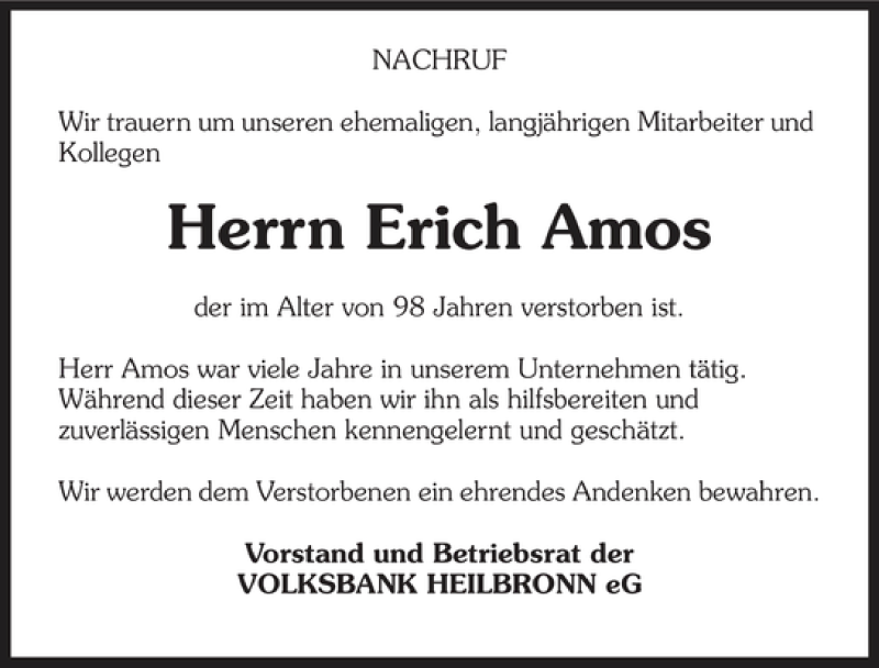  Traueranzeige für Erich Amos vom 26.03.2011 aus 