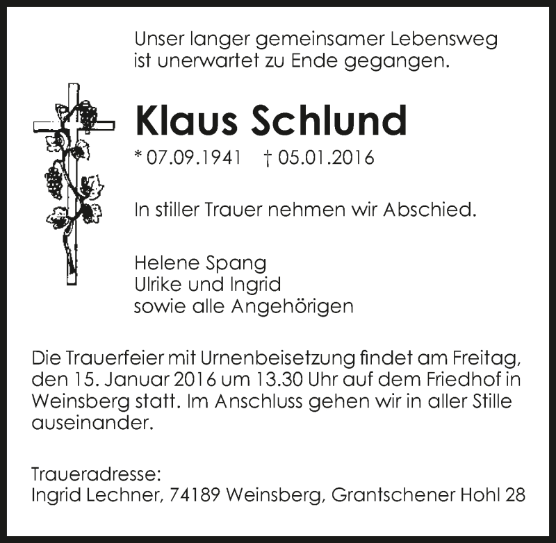  Traueranzeige für Klaus Schlund vom 11.01.2016 aus 