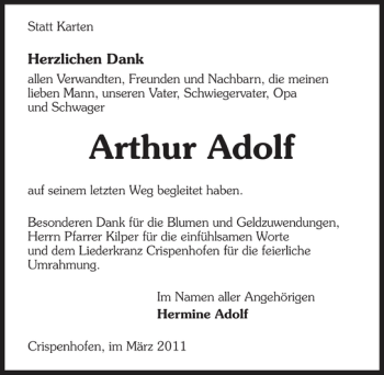 Traueranzeige von Arthur Adolf 
