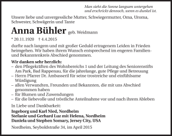 Traueranzeige von Anna Bühler 