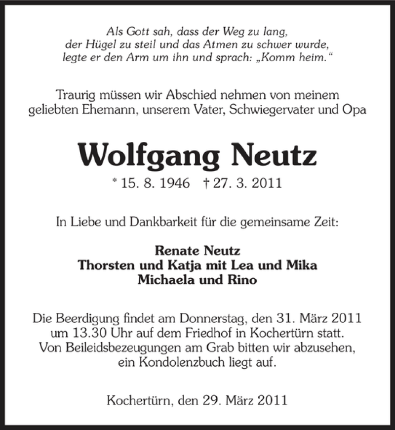  Traueranzeige für Wolfgang Neutz vom 30.03.2011 aus 
