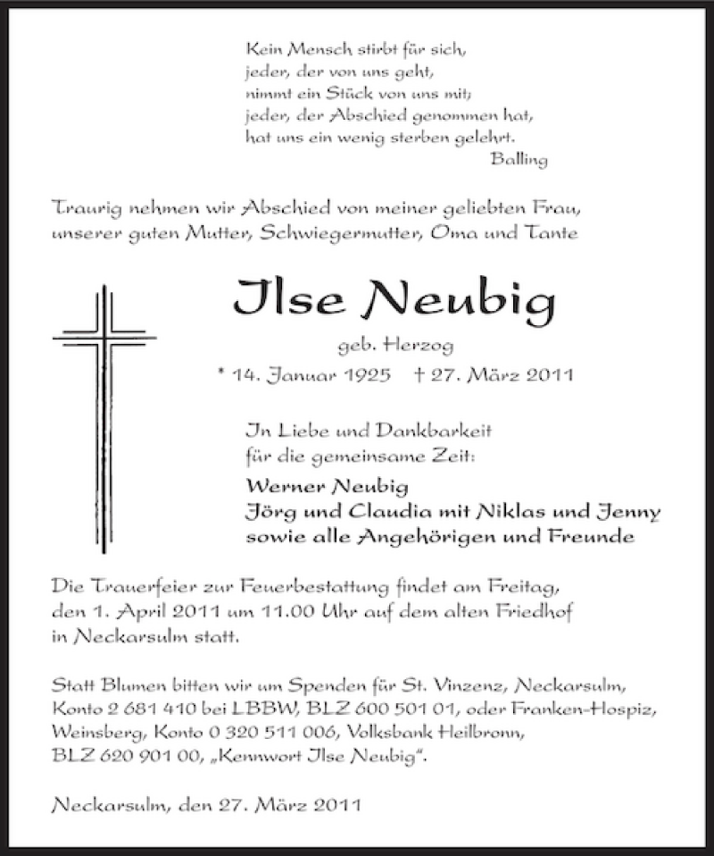  Traueranzeige für Ilse Neubig vom 30.03.2011 aus 