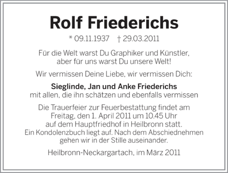  Traueranzeige für Rolf Friederichs vom 31.03.2011 aus 