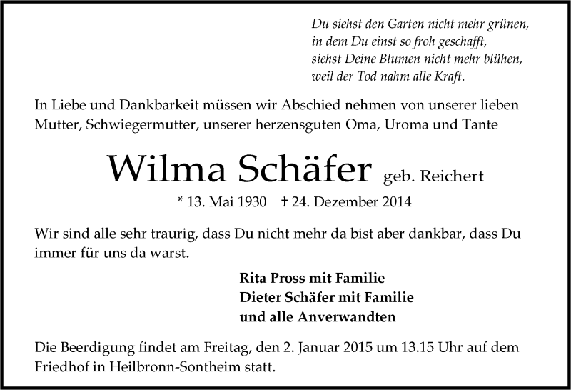  Traueranzeige für Wilma Schäfer vom 29.12.2014 aus 