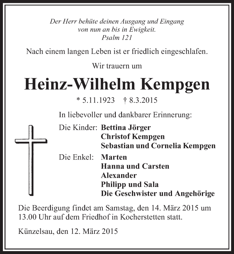  Traueranzeige für Heinz-Wilhelm Kempgen vom 12.03.2015 aus 