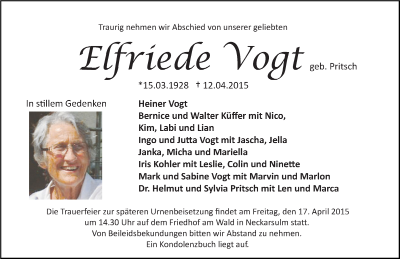  Traueranzeige für Elfriede Vogt vom 15.04.2015 aus 