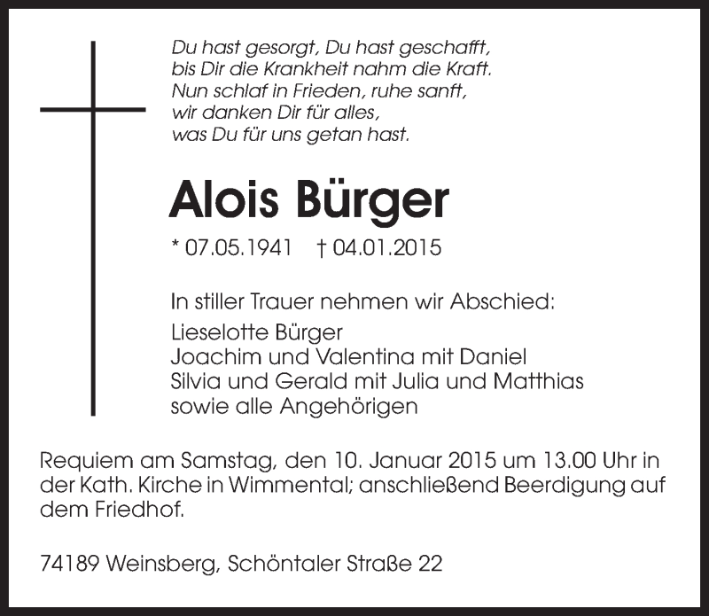  Traueranzeige für Alois Bürger vom 08.01.2015 aus 