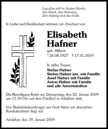 Traueranzeige von Elisabeth Hafner 