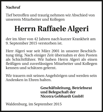 Traueranzeige von Raffaele Algeri 