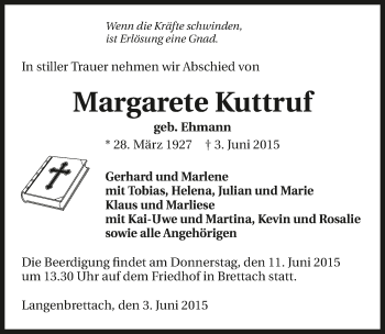 Traueranzeige von Margarete Kuttruff 