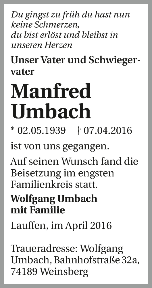  Traueranzeige für Manfred Umbach vom 19.04.2016 aus 