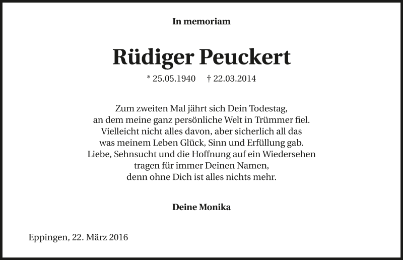  Traueranzeige für Rüdiger Peuckert vom 22.03.2016 aus 