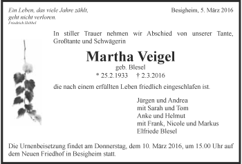 Traueranzeige von Martha Veigel 