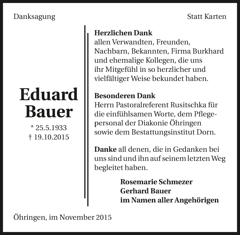  Traueranzeige für Eduard Bauer vom 07.11.2015 aus 