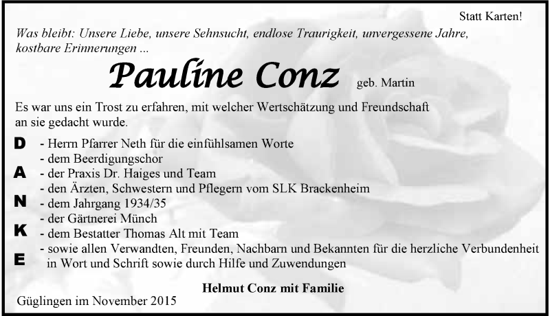  Traueranzeige für Pauline Conz vom 14.11.2015 aus 