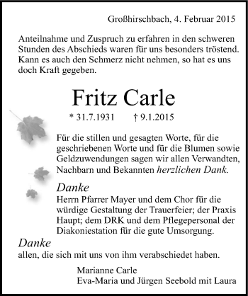 Traueranzeige von Fritz Carle 