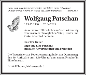 Traueranzeige von Wolfgang Patschan 