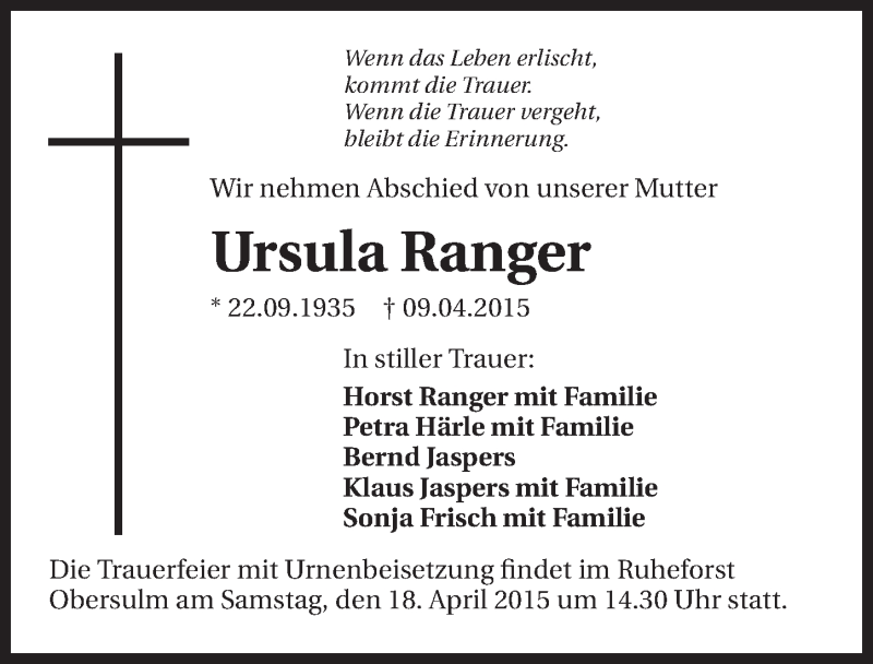  Traueranzeige für Ursula Ranger vom 15.04.2015 aus 