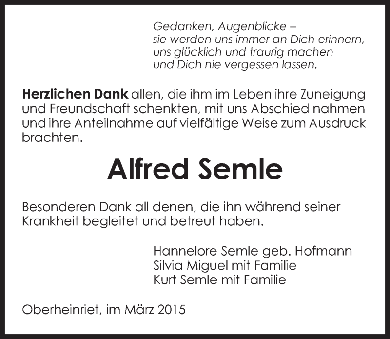  Traueranzeige für Alfred Semle vom 11.03.2015 aus 