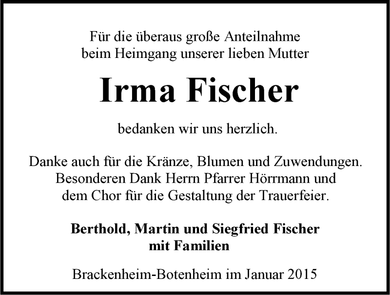  Traueranzeige für Irma Fischer vom 05.01.2015 aus 