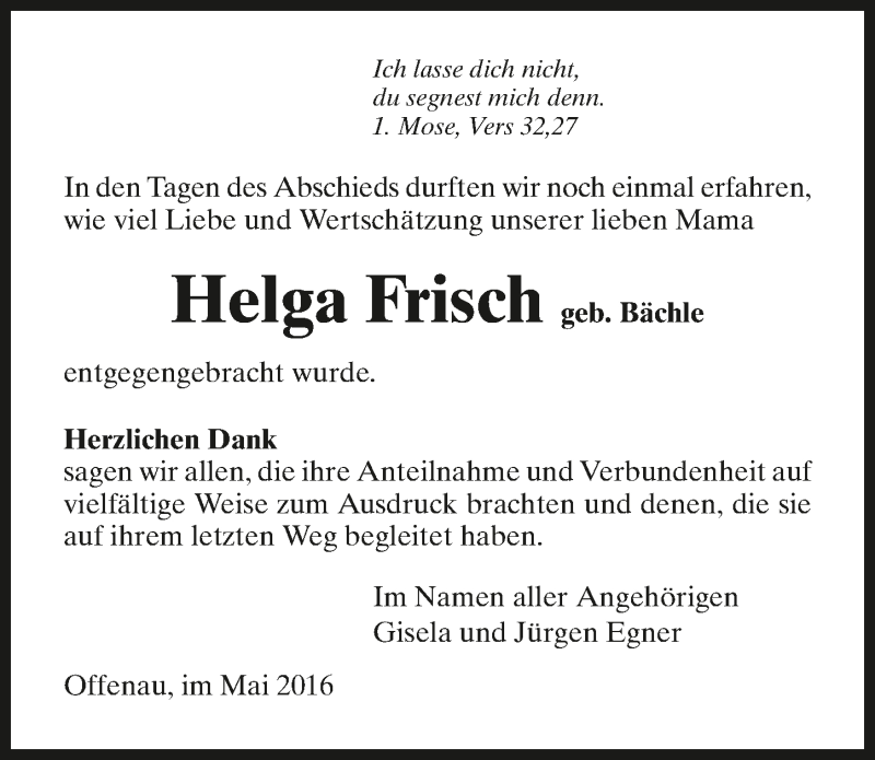  Traueranzeige für Helga Frisch vom 14.05.2016 aus 