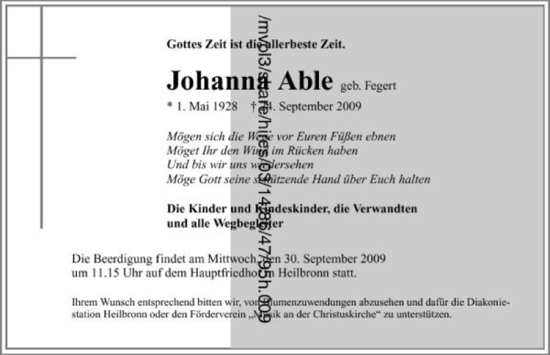  Traueranzeige für Johanna Able vom 26.09.2009 aus 