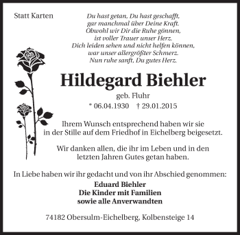 Traueranzeige von Hildegard Biehler 
