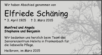Traueranzeige von Elfriede Schäning 