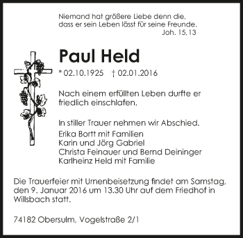 Traueranzeige von Paul Held 