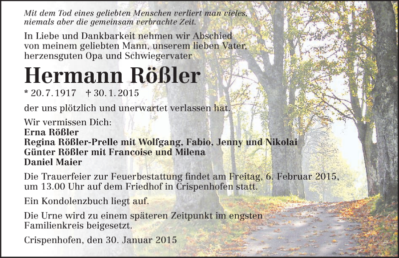  Traueranzeige für Hermann Rößler vom 04.02.2015 aus 
