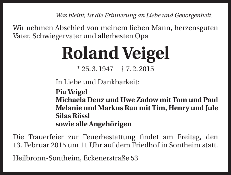  Traueranzeige für Roland Veigel vom 10.02.2015 aus 