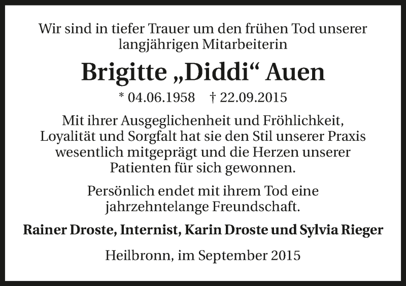  Traueranzeige für Brigitte Auen vom 26.09.2015 aus 