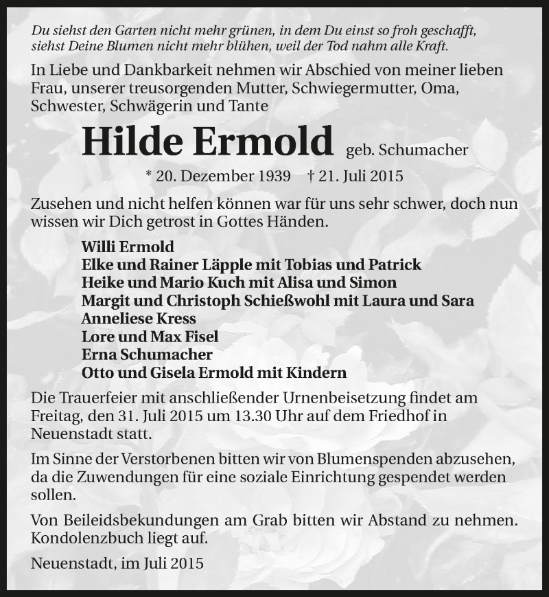  Traueranzeige für Hilde Ermold vom 28.07.2015 aus 