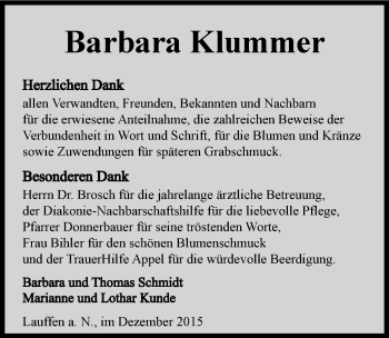 Traueranzeige von Barbara Klummer 