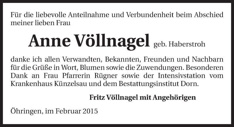  Traueranzeige für Anne Völlnagel vom 28.02.2015 aus 