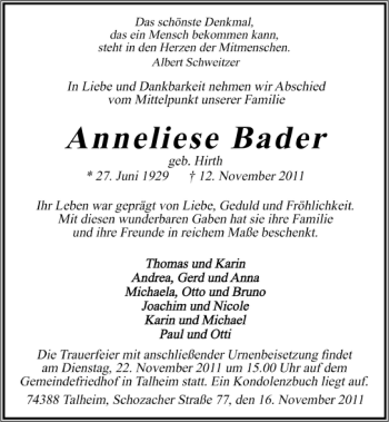 Traueranzeige von Anneliese Bader 