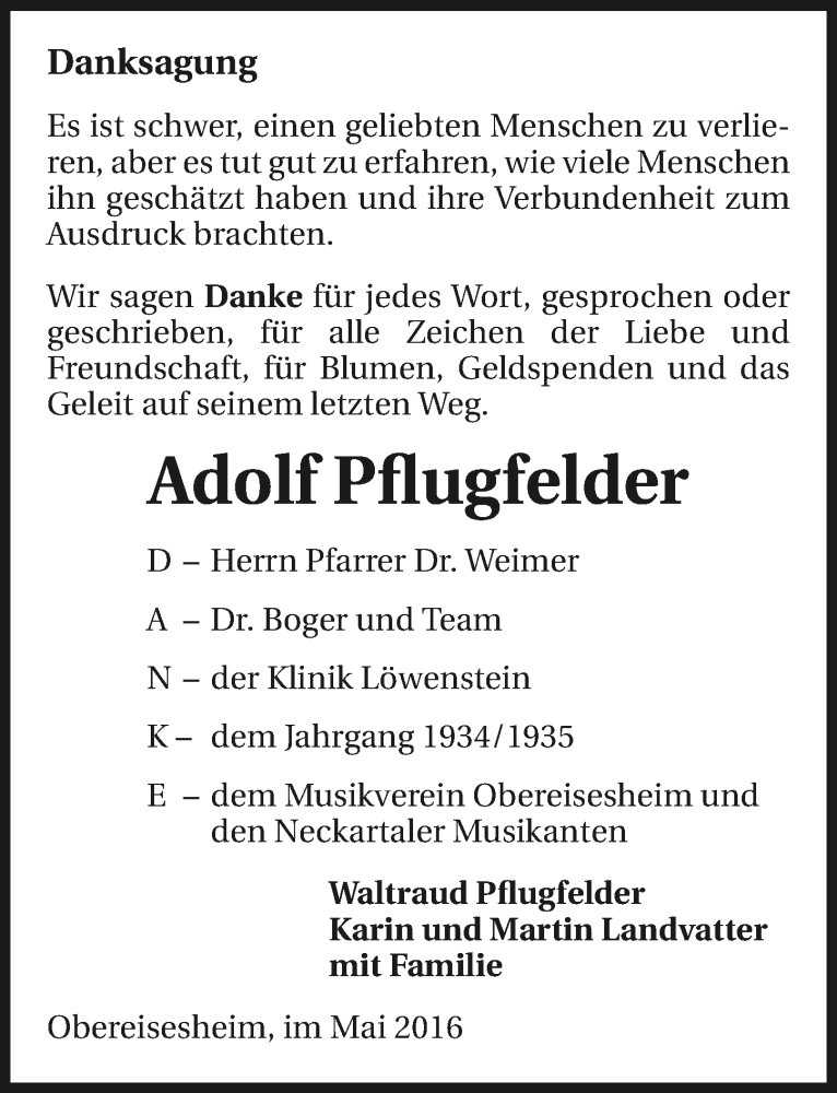  Traueranzeige für Adolf Pflugfelder vom 14.05.2016 aus 