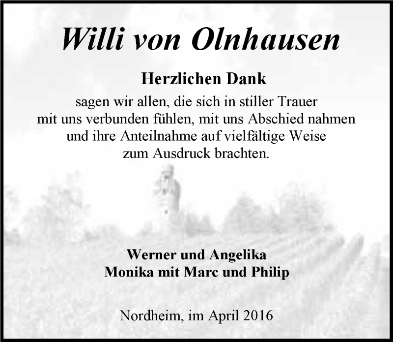  Traueranzeige für Willi von Olnhausen vom 09.04.2016 aus 
